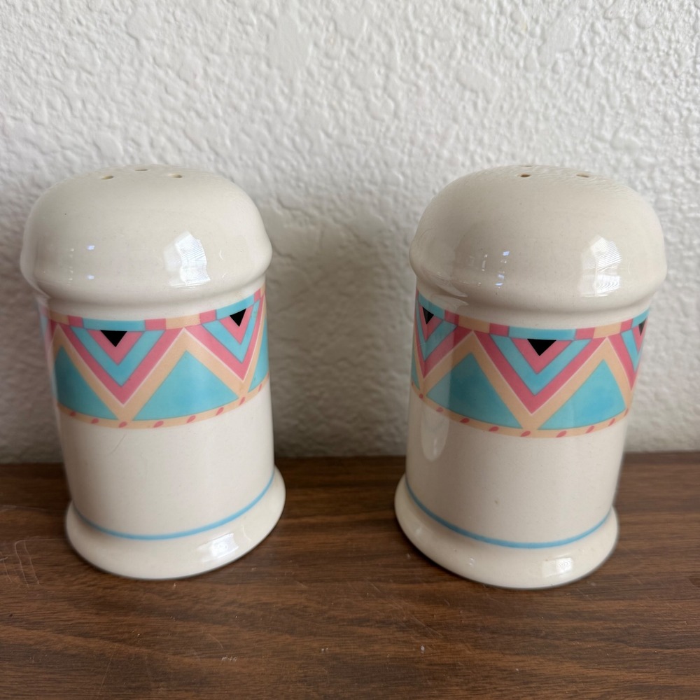 Salt & Pepper Shakers Southwestern Boho Style Teal Pink Made In Japan Sanyo Zuni